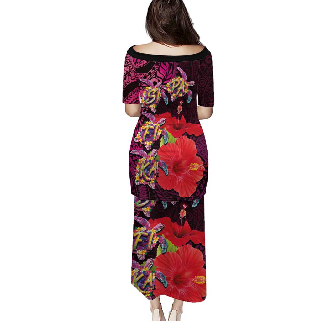 Pasifika Festival Puletasi Plumeria Turtles with Hibiscus - Polynesian Art Tattoo Pink Color