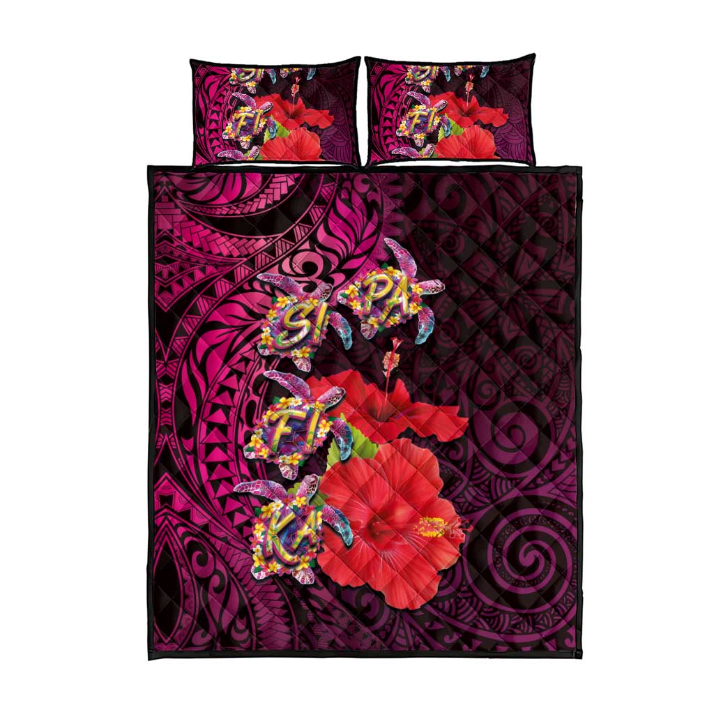 Pasifika Festival Quilt Bed Set Plumeria Turtles with Hibiscus - Polynesian Art Tattoo Pink Color