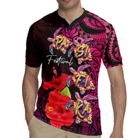 Pasifika Festival Rugby Jersey Plumeria Turtles with Hibiscus - Polynesian Art Tattoo Pink Color