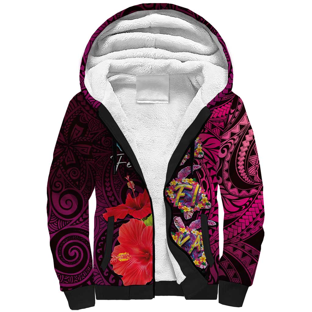 Pasifika Festival Sherpa Hoodie Plumeria Turtles with Hibiscus - Polynesian Art Tattoo Pink Color