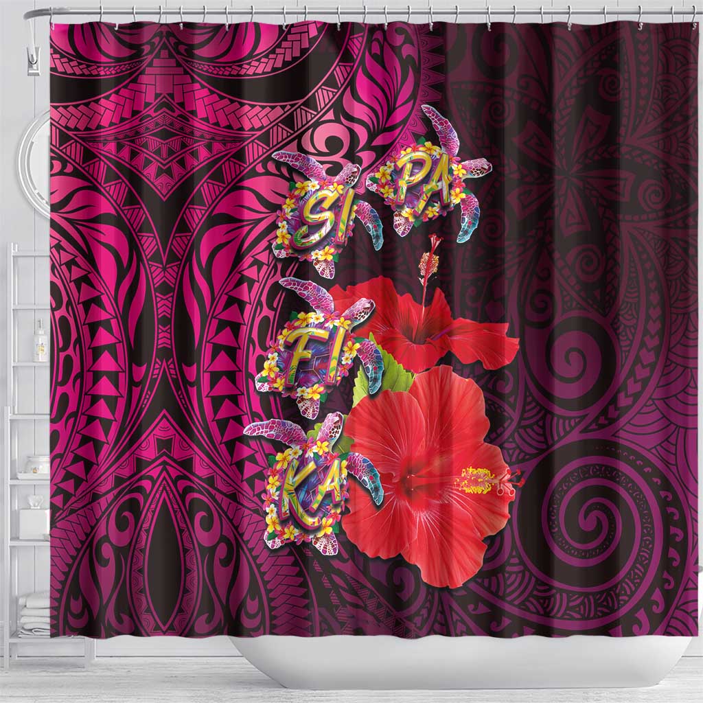 Pasifika Festival Shower Curtain Plumeria Turtles with Hibiscus - Polynesian Art Tattoo Pink Color