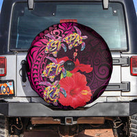 Pasifika Festival Spare Tire Cover Plumeria Turtles with Hibiscus - Polynesian Art Tattoo Pink Color