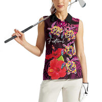 Pasifika Festival Women Sleeveless Polo Shirt Plumeria Turtles with Hibiscus - Polynesian Art Tattoo Pink Color