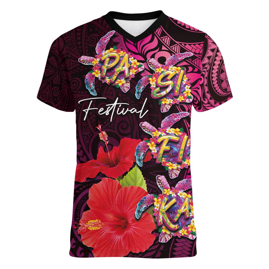 Pasifika Festival Women V-Neck T-Shirt Plumeria Turtles with Hibiscus - Polynesian Art Tattoo Pink Color LT03 Female Pink - Polynesian Pride