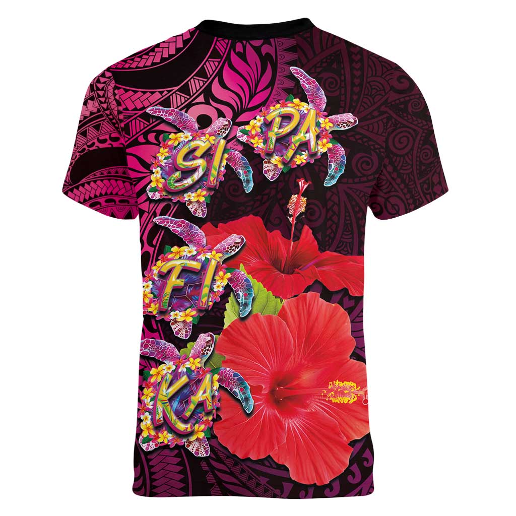 Pasifika Festival Women V-Neck T-Shirt Plumeria Turtles with Hibiscus - Polynesian Art Tattoo Pink Color LT03 - Polynesian Pride