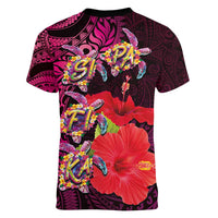 Pasifika Festival Women V-Neck T-Shirt Plumeria Turtles with Hibiscus - Polynesian Art Tattoo Pink Color LT03 - Polynesian Pride