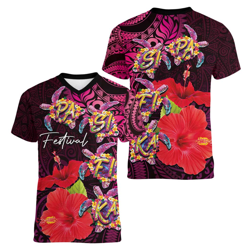 Pasifika Festival Women V-Neck T-Shirt Plumeria Turtles with Hibiscus - Polynesian Art Tattoo Pink Color LT03 - Polynesian Pride