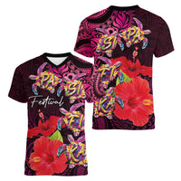 Pasifika Festival Women V-Neck T-Shirt Plumeria Turtles with Hibiscus - Polynesian Art Tattoo Pink Color LT03 - Polynesian Pride