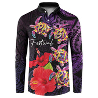 Pasifika Festival Button Sweatshirt Plumeria Turtles with Hibiscus - Polynesian Art Tattoo Purple Color