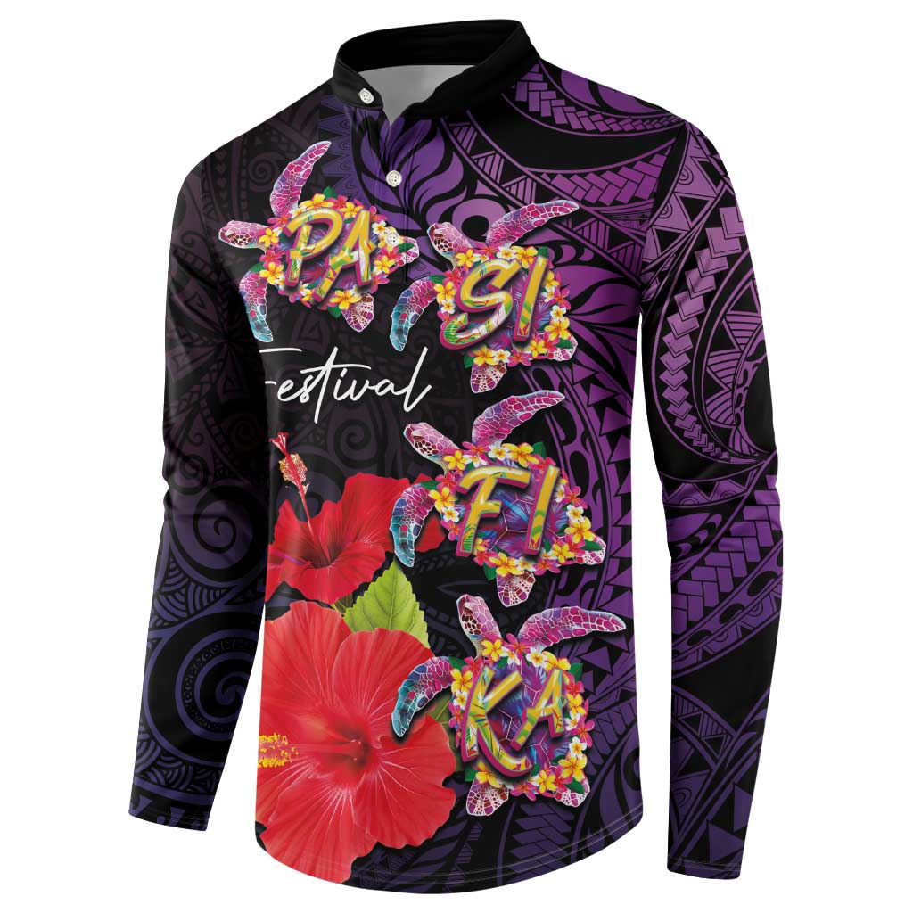 Pasifika Festival Button Sweatshirt Plumeria Turtles with Hibiscus - Polynesian Art Tattoo Purple Color