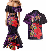Pasifika Festival Couples Matching Mermaid Dress and Hawaiian Shirt Plumeria Turtles with Hibiscus - Polynesian Art Tattoo Purple Color