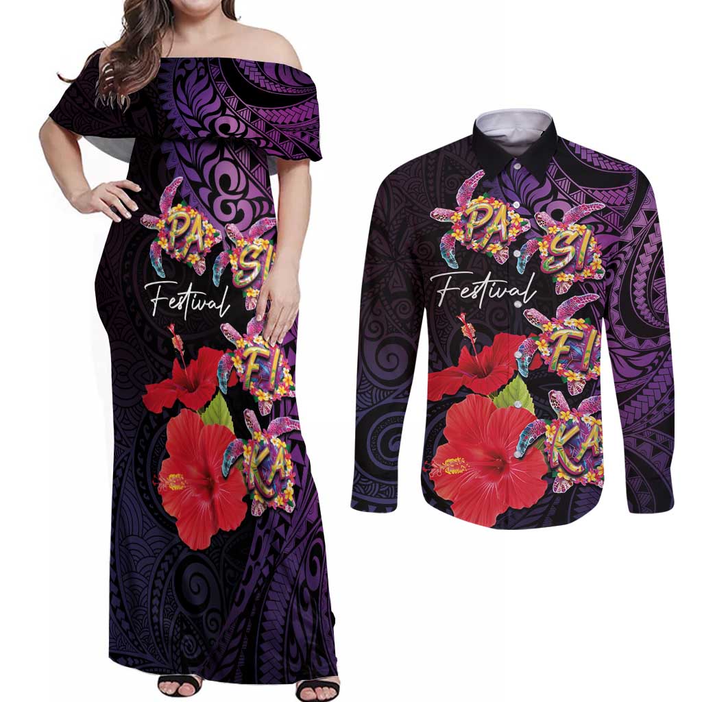 Pasifika Festival Couples Matching Off Shoulder Maxi Dress and Long Sleeve Button Shirt Plumeria Turtles with Hibiscus - Polynesian Art Tattoo Purple Color