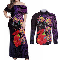 Pasifika Festival Couples Matching Off Shoulder Maxi Dress and Long Sleeve Button Shirt Plumeria Turtles with Hibiscus - Polynesian Art Tattoo Purple Color