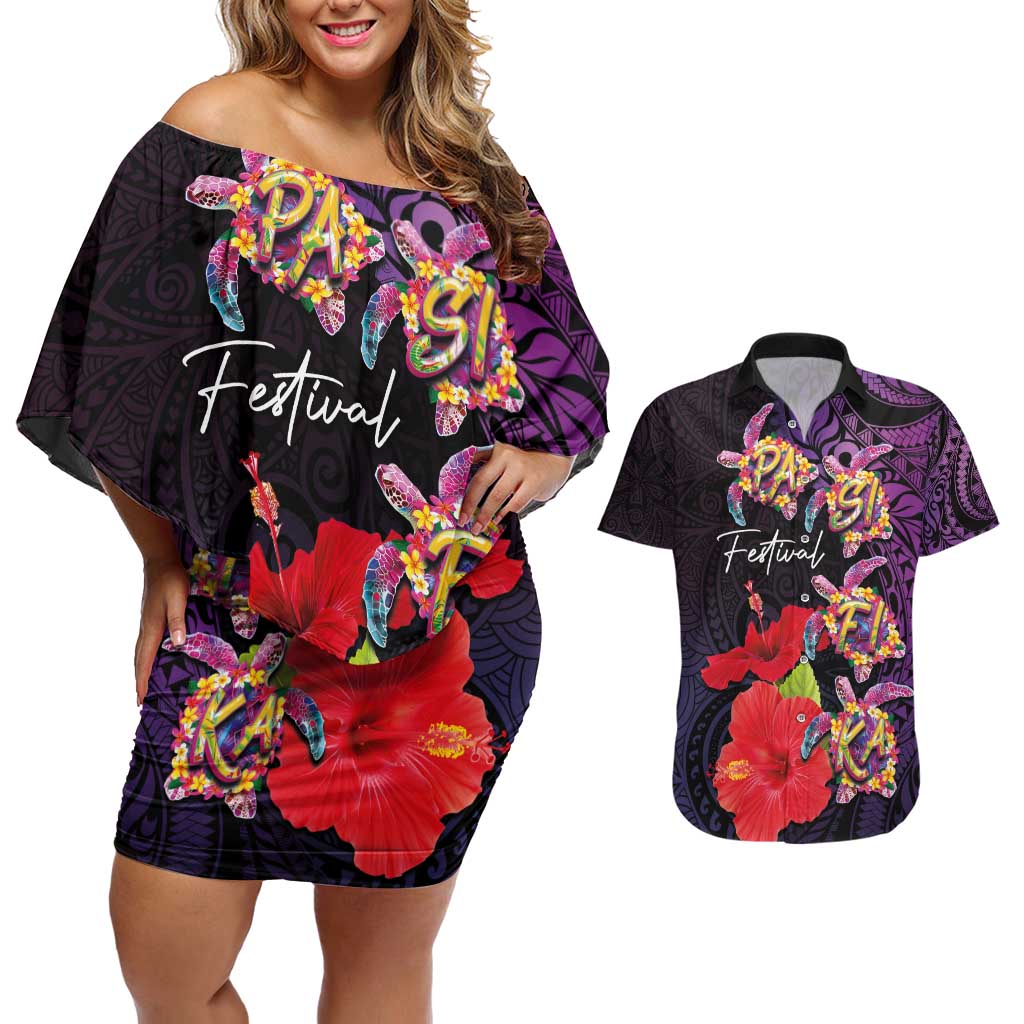 Pasifika Festival Couples Matching Off Shoulder Short Dress and Hawaiian Shirt Plumeria Turtles with Hibiscus - Polynesian Art Tattoo Purple Color