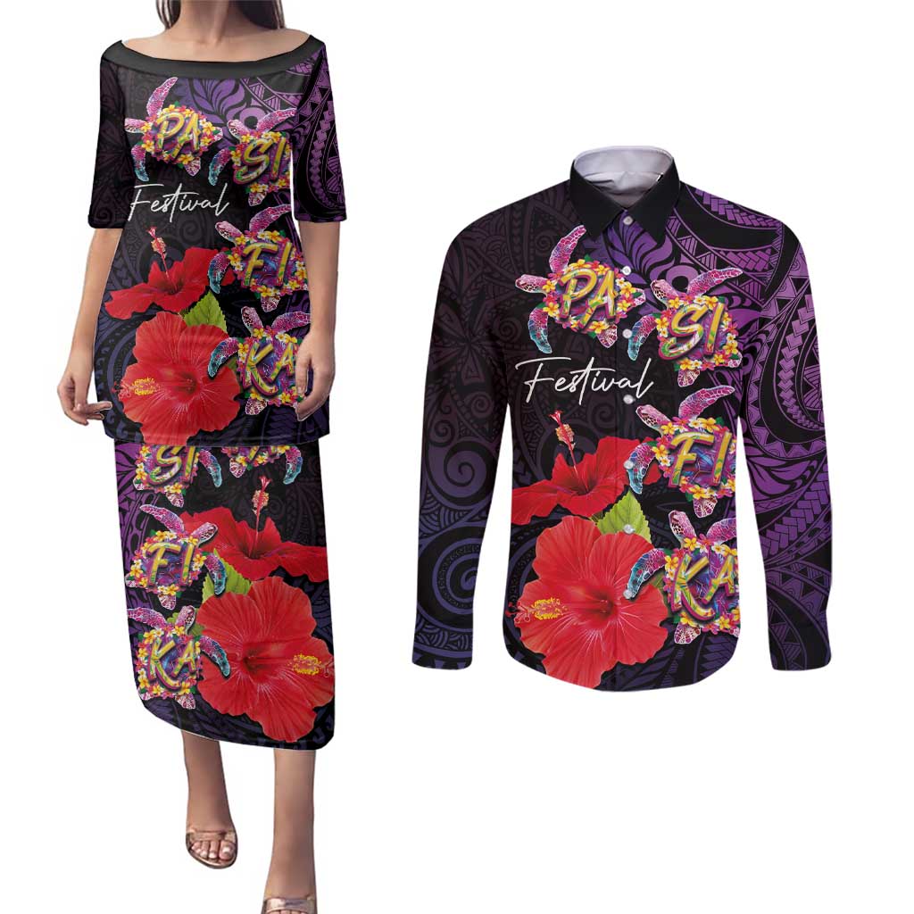 Pasifika Festival Couples Matching Puletasi and Long Sleeve Button Shirt Plumeria Turtles with Hibiscus - Polynesian Art Tattoo Purple Color