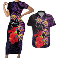 Pasifika Festival Couples Matching Short Sleeve Bodycon Dress and Hawaiian Shirt Plumeria Turtles with Hibiscus - Polynesian Art Tattoo Purple Color