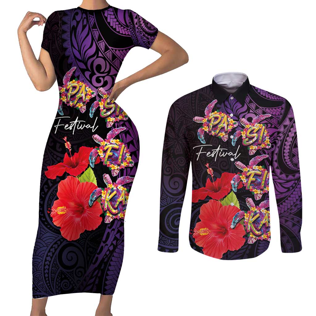 Pasifika Festival Couples Matching Short Sleeve Bodycon Dress and Long Sleeve Button Shirt Plumeria Turtles with Hibiscus - Polynesian Art Tattoo Purple Color