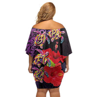 Pasifika Festival Family Matching Off Shoulder Short Dress and Hawaiian Shirt Plumeria Turtles with Hibiscus - Polynesian Art Tattoo Purple Color