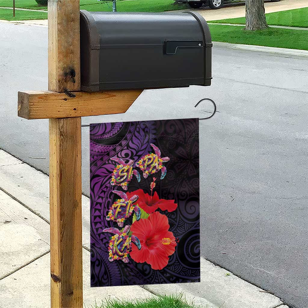 Pasifika Festival Garden Flag Plumeria Turtles with Hibiscus - Polynesian Art Tattoo Purple Color