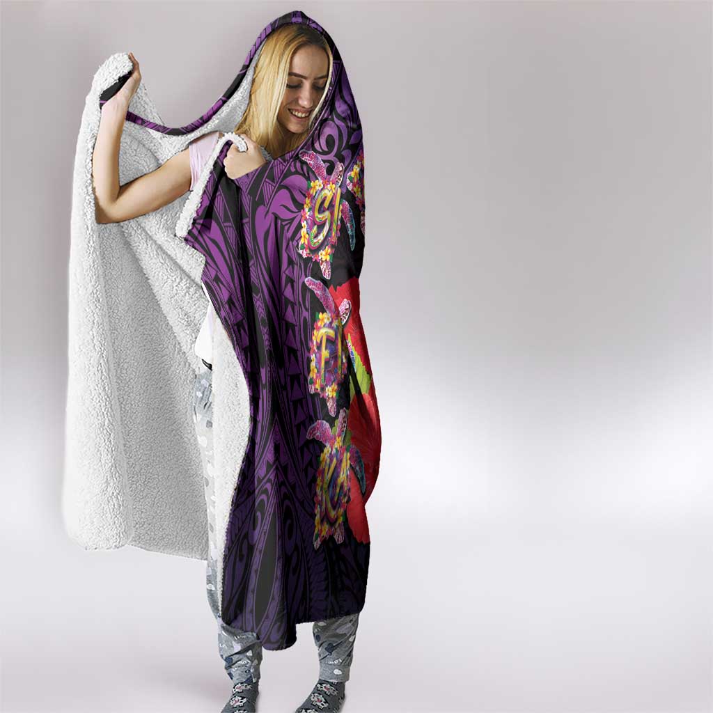 Pasifika Festival Hooded Blanket Plumeria Turtles with Hibiscus - Polynesian Art Tattoo Purple Color
