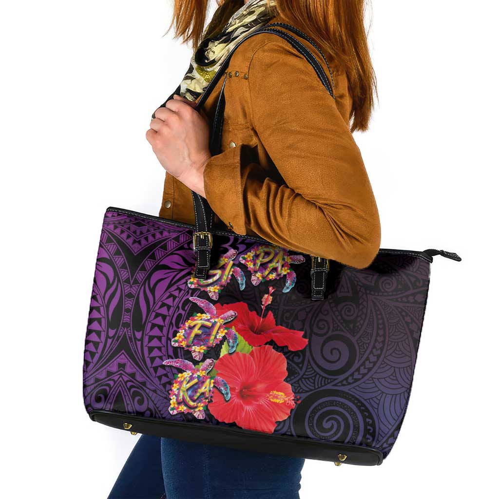 Pasifika Festival Leather Tote Bag Plumeria Turtles with Hibiscus - Polynesian Art Tattoo Purple Color
