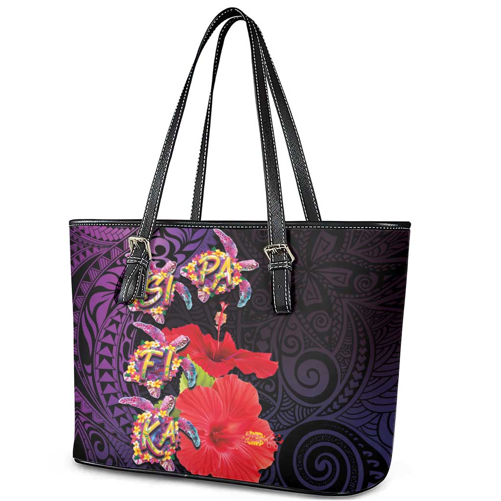 Pasifika Festival Leather Tote Bag Plumeria Turtles with Hibiscus - Polynesian Art Tattoo Purple Color