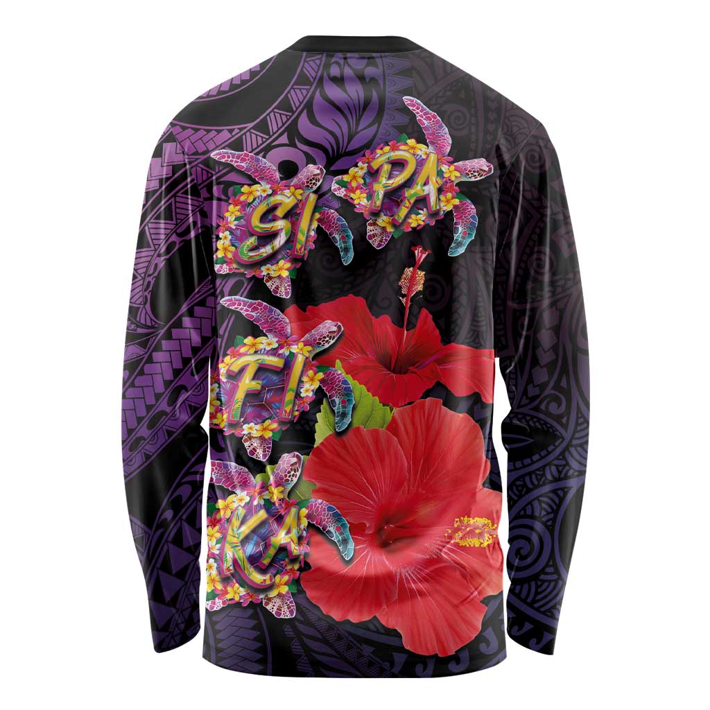 Pasifika Festival Long Sleeve Shirt Plumeria Turtles with Hibiscus - Polynesian Art Tattoo Purple Color