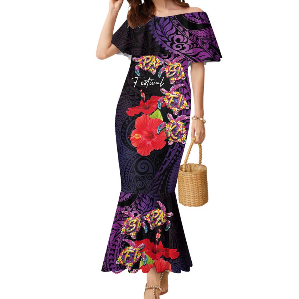 Pasifika Festival Mermaid Dress Plumeria Turtles with Hibiscus - Polynesian Art Tattoo Purple Color