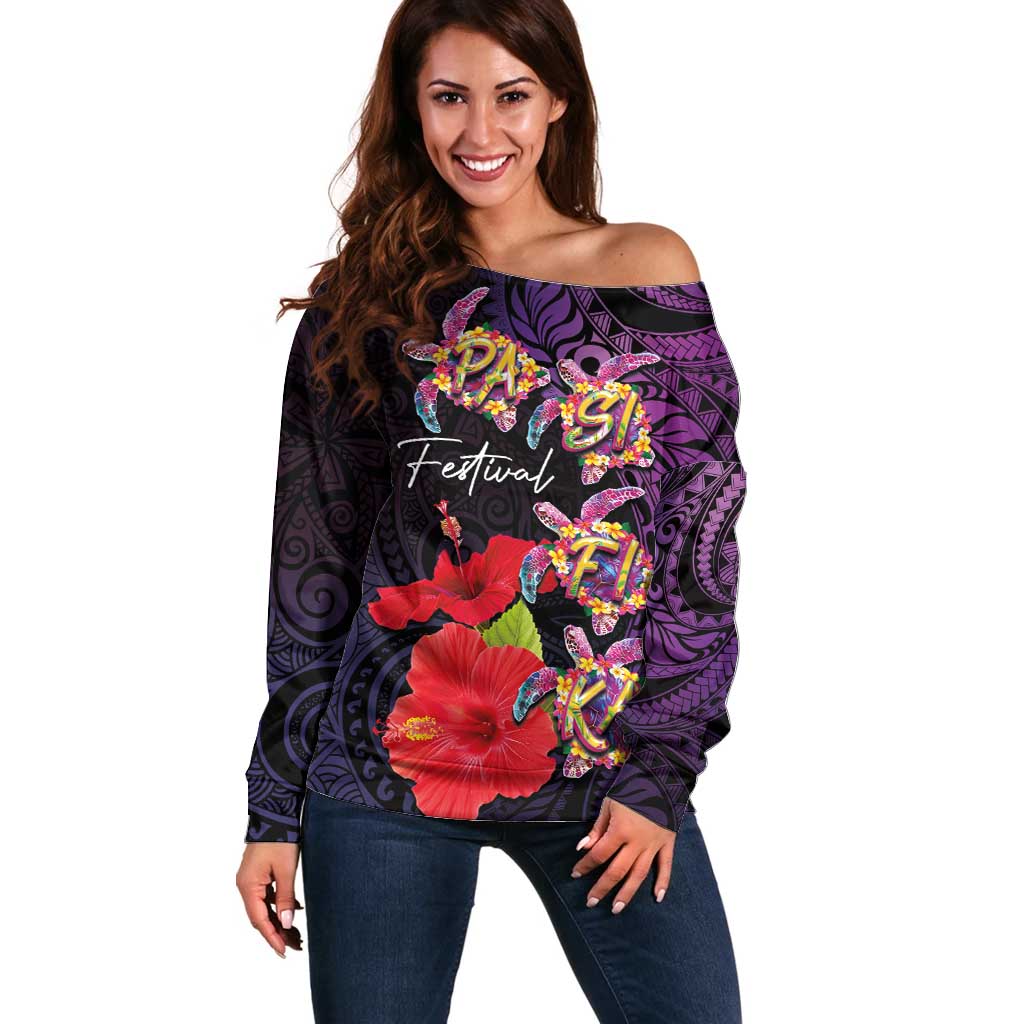 Pasifika Festival Off Shoulder Sweater Plumeria Turtles with Hibiscus - Polynesian Art Tattoo Purple Color