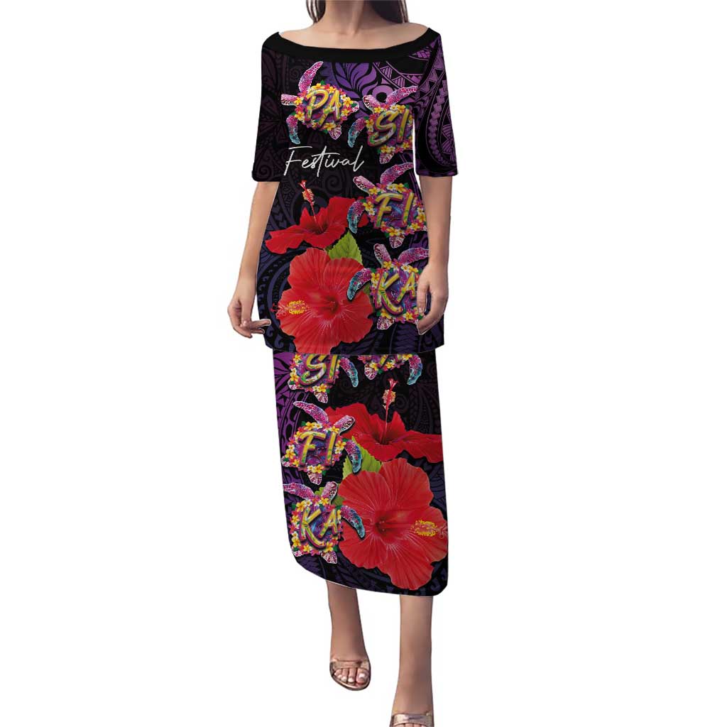 Pasifika Festival Puletasi Plumeria Turtles with Hibiscus - Polynesian Art Tattoo Purple Color