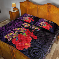 Pasifika Festival Quilt Bed Set Plumeria Turtles with Hibiscus - Polynesian Art Tattoo Purple Color