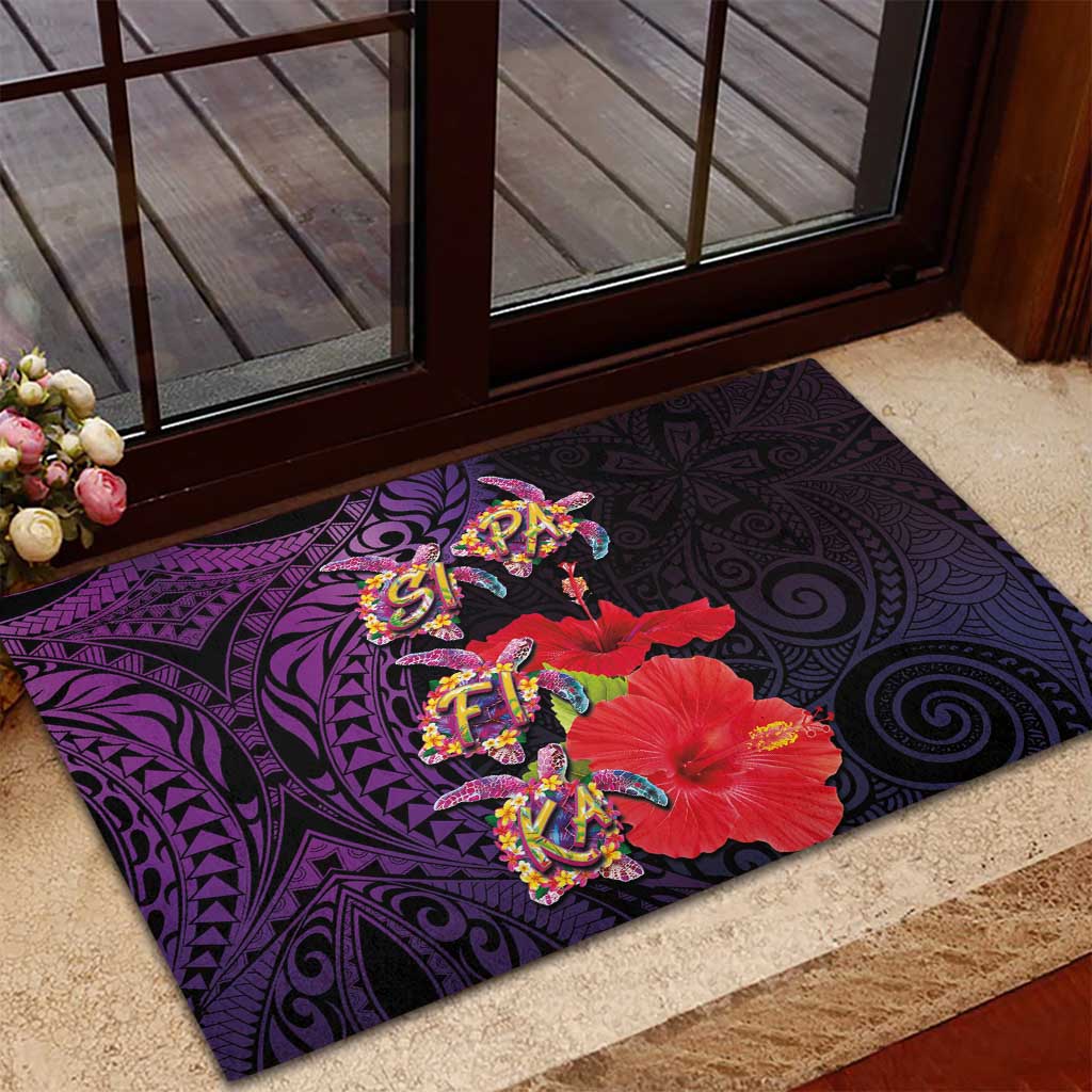 Pasifika Festival Rubber Doormat Plumeria Turtles with Hibiscus - Polynesian Art Tattoo Purple Color
