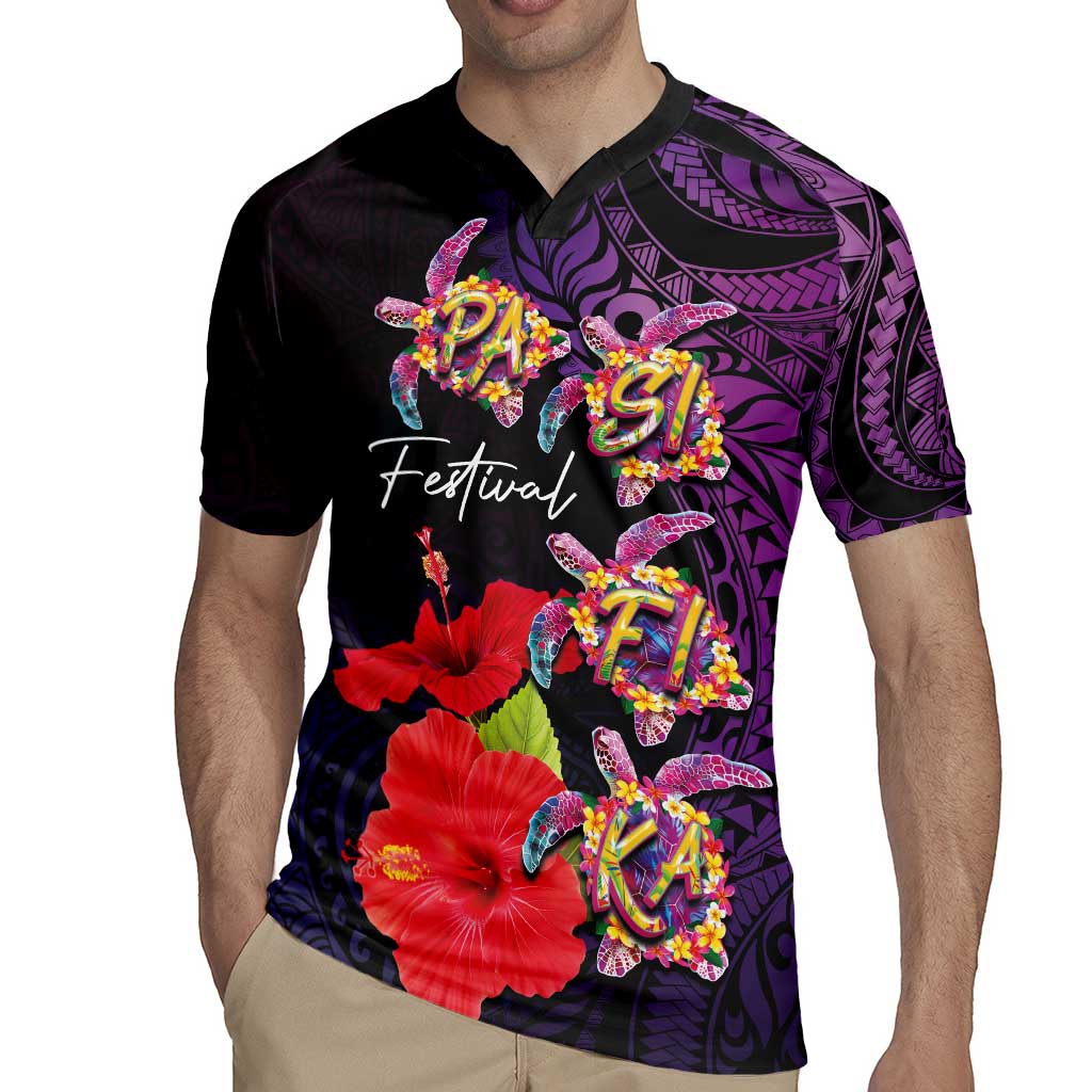 Pasifika Festival Rugby Jersey Plumeria Turtles with Hibiscus - Polynesian Art Tattoo Purple Color