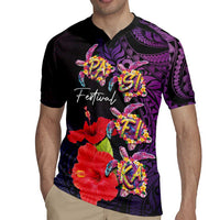 Pasifika Festival Rugby Jersey Plumeria Turtles with Hibiscus - Polynesian Art Tattoo Purple Color
