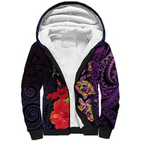 Pasifika Festival Sherpa Hoodie Plumeria Turtles with Hibiscus - Polynesian Art Tattoo Purple Color