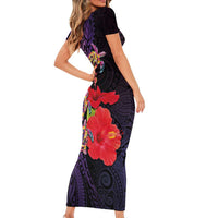 Pasifika Festival Short Sleeve Bodycon Dress Plumeria Turtles with Hibiscus - Polynesian Art Tattoo Purple Color