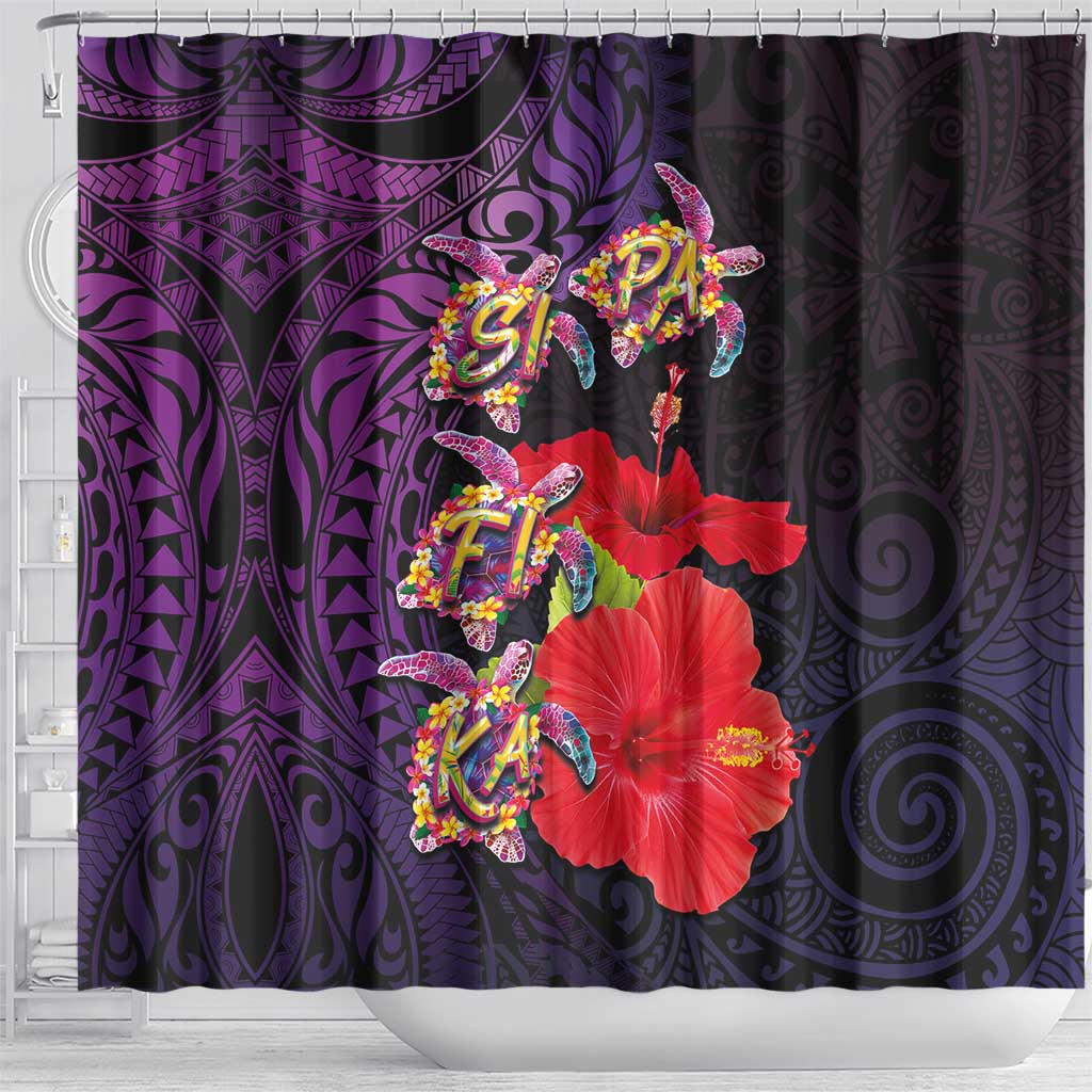 Pasifika Festival Shower Curtain Plumeria Turtles with Hibiscus - Polynesian Art Tattoo Purple Color
