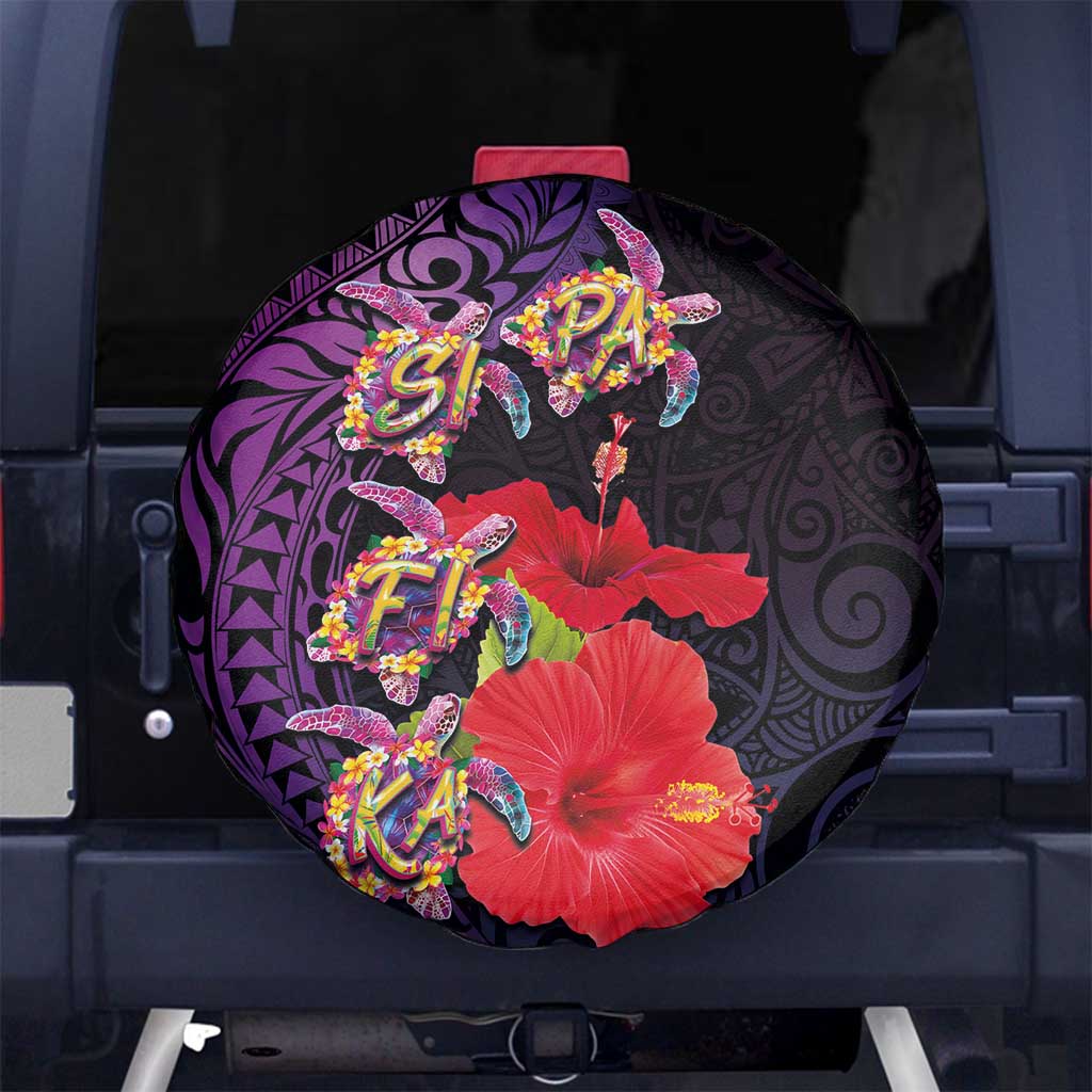 Pasifika Festival Spare Tire Cover Plumeria Turtles with Hibiscus - Polynesian Art Tattoo Purple Color