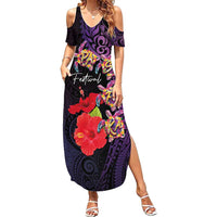 Pasifika Festival Summer Maxi Dress Plumeria Turtles with Hibiscus - Polynesian Art Tattoo Purple Color
