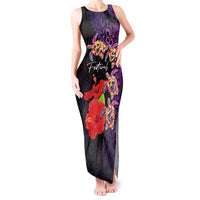 Pasifika Festival Tank Maxi Dress Plumeria Turtles with Hibiscus - Polynesian Art Tattoo Purple Color