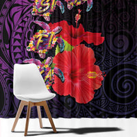 Pasifika Festival Window Curtain Plumeria Turtles with Hibiscus - Polynesian Art Tattoo Purple Color