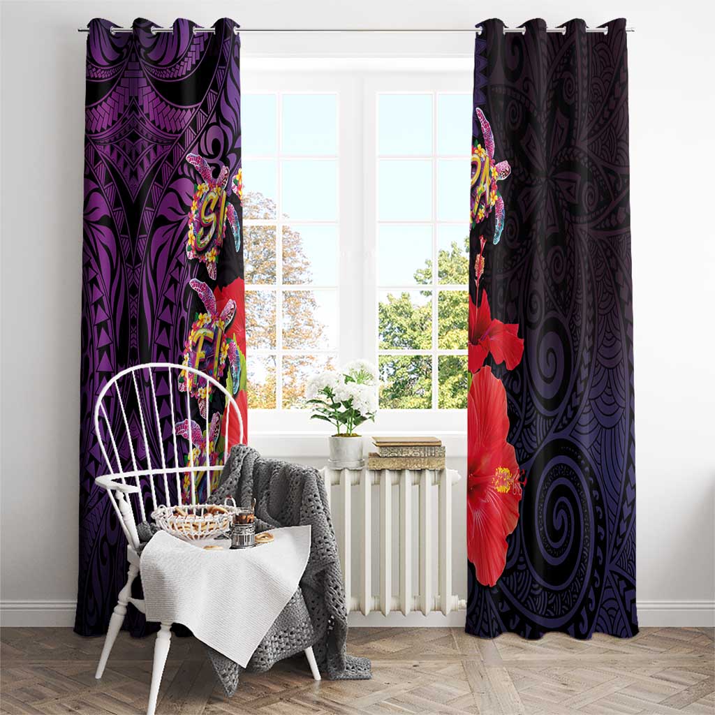 Pasifika Festival Window Curtain Plumeria Turtles with Hibiscus - Polynesian Art Tattoo Purple Color