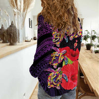 Pasifika Festival Women Casual Shirt Plumeria Turtles with Hibiscus - Polynesian Art Tattoo Purple Color