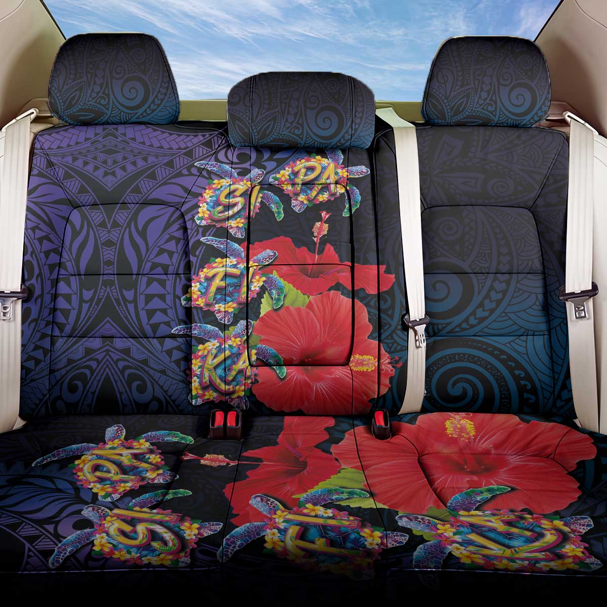 Pasifika Festival Back Car Seat Cover Plumeria Turtles with Hibiscus - Polynesian Art Tattoo Dark Navy Color