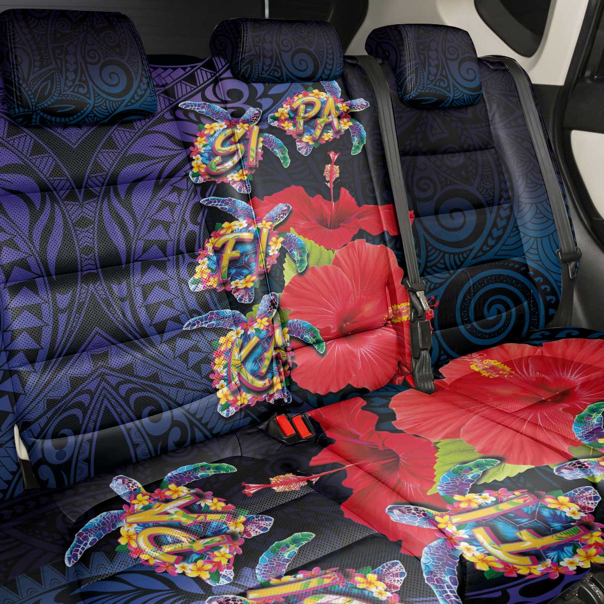 Pasifika Festival Back Car Seat Cover Plumeria Turtles with Hibiscus - Polynesian Art Tattoo Dark Navy Color