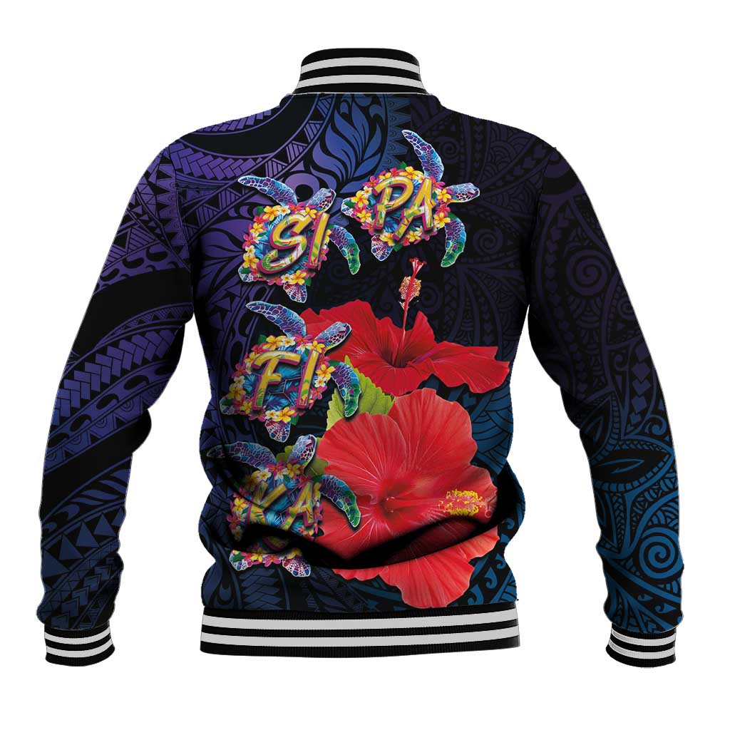 Pasifika Festival Baseball Jacket Plumeria Turtles with Hibiscus - Polynesian Art Tattoo Dark Navy Color