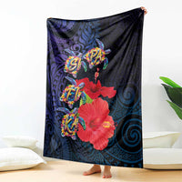 Pasifika Festival Blanket Plumeria Turtles with Hibiscus - Polynesian Art Tattoo Dark Navy Color