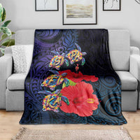Pasifika Festival Blanket Plumeria Turtles with Hibiscus - Polynesian Art Tattoo Dark Navy Color