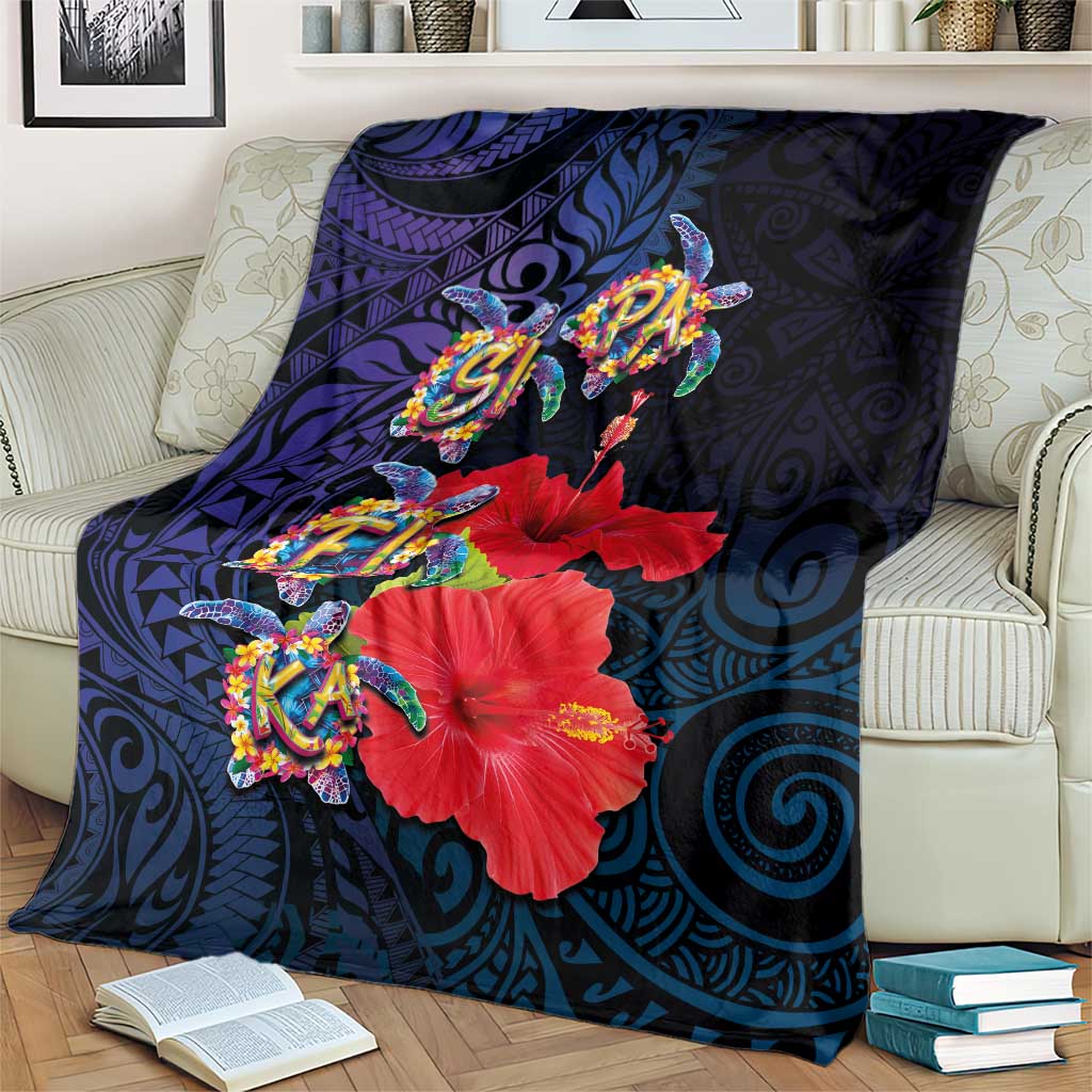 Pasifika Festival Blanket Plumeria Turtles with Hibiscus - Polynesian Art Tattoo Dark Navy Color