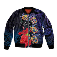 Pasifika Festival Bomber Jacket Plumeria Turtles with Hibiscus - Polynesian Art Tattoo Dark Navy Color